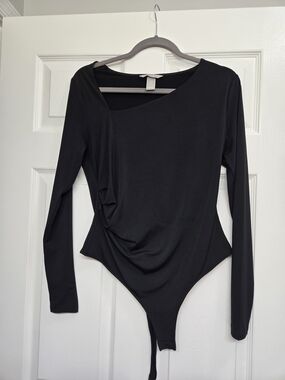 H&M Black Asymmetric Draped Long-Sleeve Bodysuit